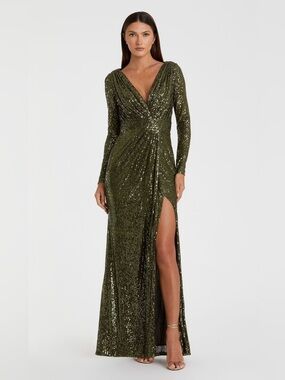 Ieena for Mac Duggal Long Sleeve Gown Olive Evening Gown